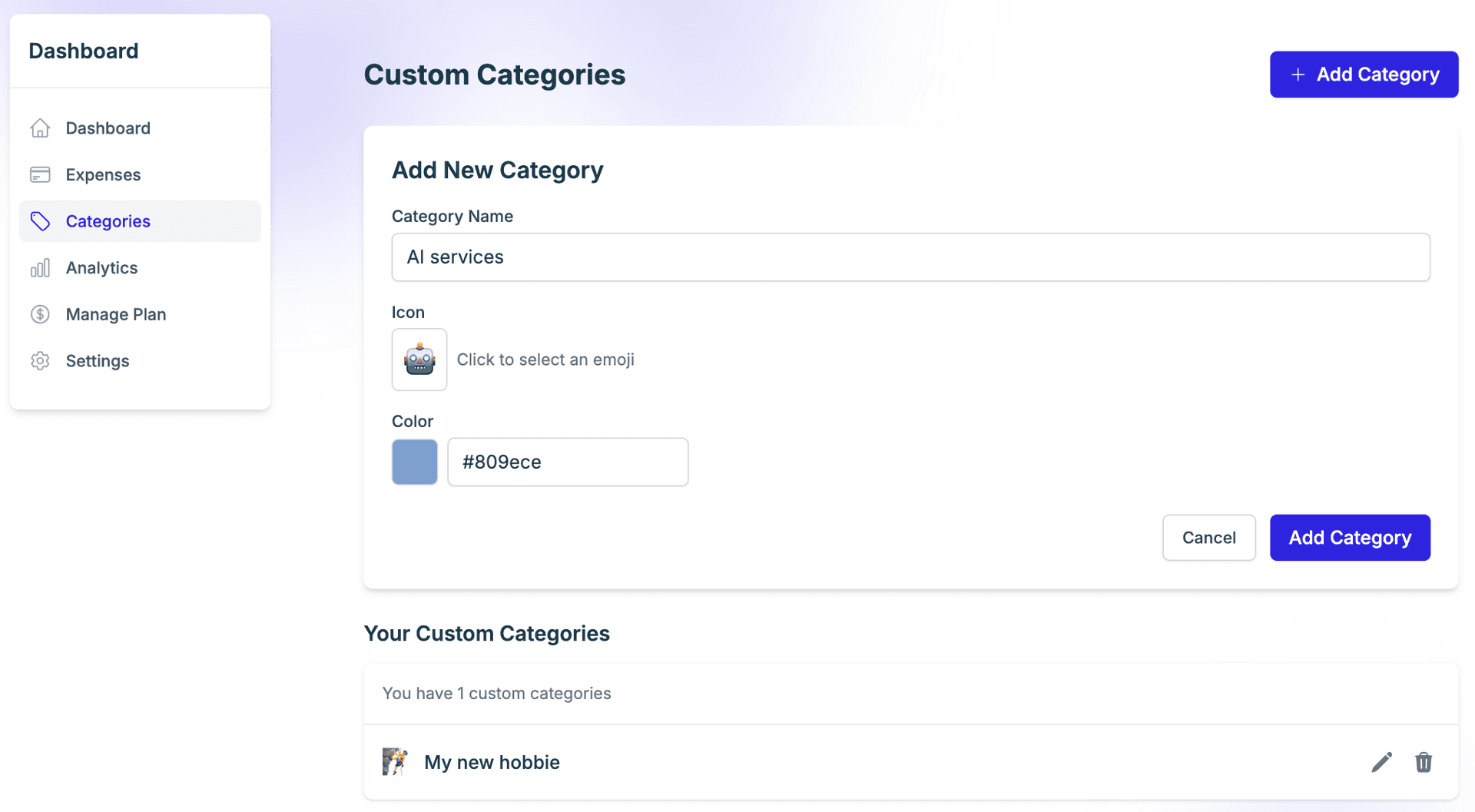 Screenshot showing custom expense categories in Subswoop